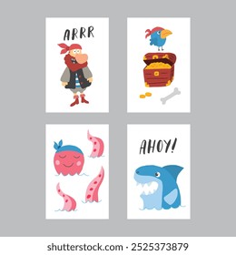 Cute Pirate cards set. Cartoon sea adventures cards collection. Vector illustration.