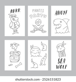 Cute Pirate cards set. Cartoon sea adventures cards collection. Vector illustration.