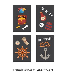 Cute Pirate cards set. Cartoon sea adventures cards collection. Vector illustration.