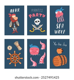 Cute Pirate cards set. Cartoon sea adventures cards collection. Vector illustration.