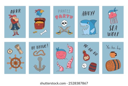 Cute Pirate cards set. Cartoon sea adventures cards collection. Vector illustration.