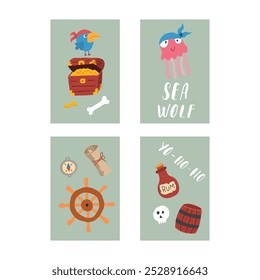 Cute Pirate cards set. Cartoon sea adventures cards collection. Vector illustration.