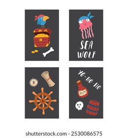 Cute Pirate cards set. Cartoon sea adventures cards collection. Vector illustration.