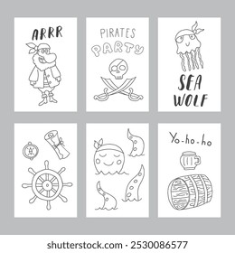 Cute Pirate cards set. Cartoon sea adventures cards collection. Vector illustration.