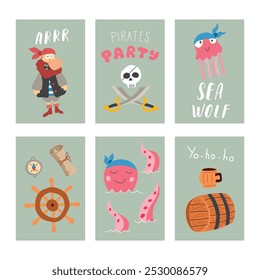 Cute Pirate cards set. Cartoon sea adventures cards collection. Vector illustration.