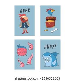 Cute Pirate cards set. Cartoon sea adventures cards collection. Vector illustration.