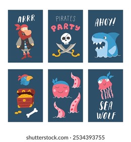 Cute Pirate cards set. Cartoon sea adventures cards collection. Vector illustration.