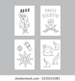 Cute Pirate cards set. Cartoon sea adventures cards collection. Vector illustration.