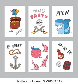 Cute Pirate cards set. Cartoon sea adventures cards collection. Vector illustration.