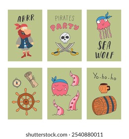 Cute Pirate cards set. Cartoon sea adventures cards collection. Vector illustration.