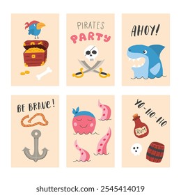 Cute Pirate cards set. Cartoon sea adventures cards collection. Vector illustration.