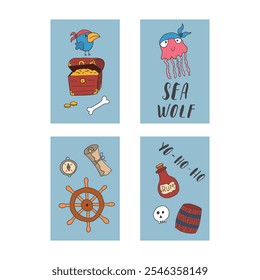 Cute Pirate cards set. Cartoon sea adventures cards collection. Vector illustration.