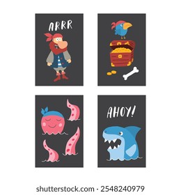 Cute Pirate cards set. Cartoon sea adventures cards collection. Vector illustration.