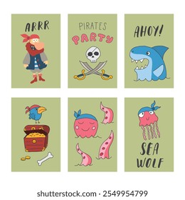 Cute Pirate cards set. Cartoon sea adventures cards collection. Vector illustration.