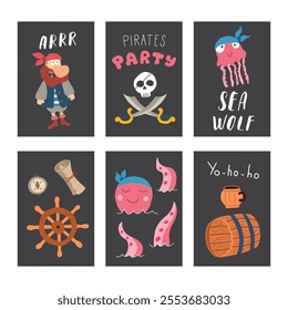 Cute Pirate cards set. Cartoon sea adventures cards collection. Vector illustration.