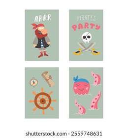 Cute Pirate cards set. Cartoon sea adventures cards collection. Vector illustration.