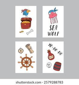 Cute Pirate cards set. Cartoon sea adventures cards collection. Vector illustration.