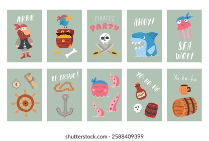 Cute Pirate cards set. Cartoon sea adventures cards collection. Vector illustration.