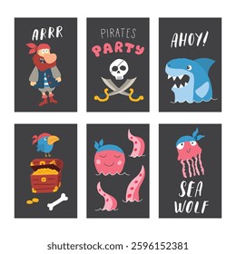 Cute Pirate cards set. Cartoon sea adventures cards collection. Vector illustration.