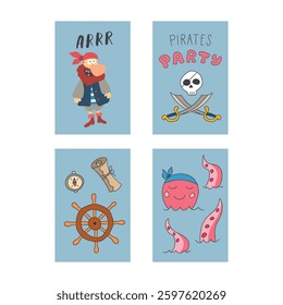 Cute Pirate cards set. Cartoon sea adventures cards collection. Vector illustration.