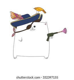 Cute pirate cat in bid hat with feather. Vector illustration for design