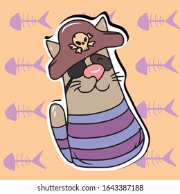 Cute pirate cat with a big hat. Design of banners and postcards. Sticker. Isolated vector design for online communications, networks, social networks, web design, mobile messages.animals