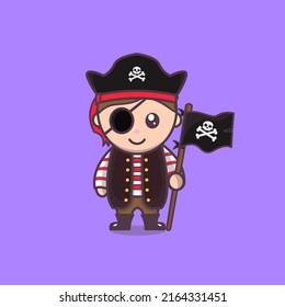 Cute pirate Character  Cartoon Vector Icon and People Illustration concept.
Holding flag.