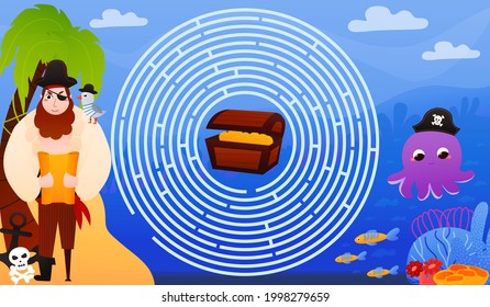 Cute pirate character holding map, help to find way to chest with gold, circle maze for kids, underwater themed game for kids, printable worksheet with octopus and desert island