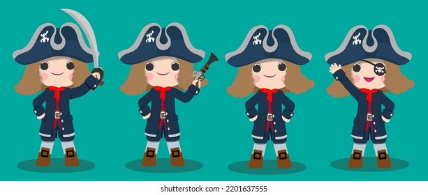 Cute pirate character wearing hat and standing with weapon. Marine travel and adventure design. Cartoon retro style vector illustration 