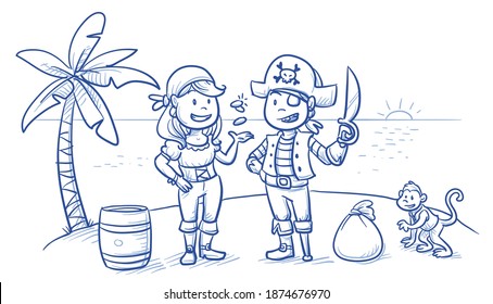 Cute pirate characters on an island with treasure and monkey.  Hand drawn blue outline line art cartoon vector illustration.