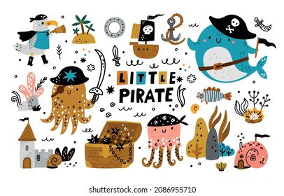 Cute Piratenkollektion für Kinder. Seeräubersepiratensatz Childische Meerestiere im Cartoon-Stil. Handgezeichnete Illustration für Mädchen oder Jungen. Ideal für Kinderzimmerdekoration, neugeborene Kleidung, Druck