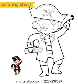 Cute pirate coloring page. Educational printable coloring worksheet. Coloring game for preschool children. Vector outline for coloring sheet.