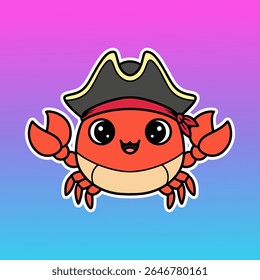 Cute Pirate Crab Cartoon Stickers with Hat and Red Bandana for Kids Design and Sea Decoration
