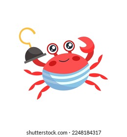 Cute pirate crab character flat vector illustration. Cartoon character, cute crab with hook, underwater animal. Adventure concept