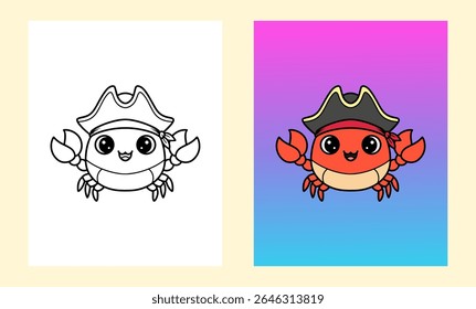Ilustração de caranguejo pirata bonito colorido e versão de contorno para crianças colorir e projeto educacional do mar