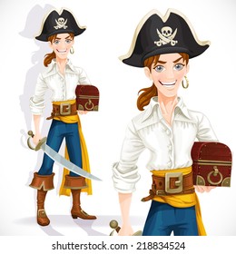 Cute pirate with cutlass and chest isolated on a white background