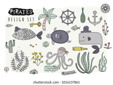 Cute pirate design set. Vector illustration