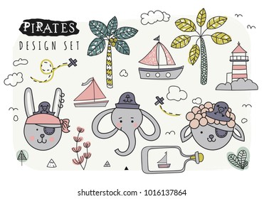 Cute pirate design set. Vector illustration