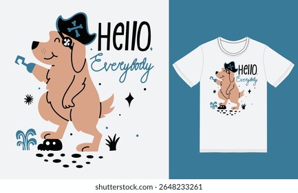 Cute pirate dog illustration with tshirt design premium vector the Concept of Isolated Technology. Flat Cartoon Style Suitable for Landing Web Pages,T shirt, Flyers, Stickers