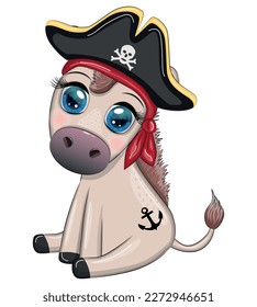 Cute pirate donkey in a cocked hat, with an eye patch. Child character, games for boys