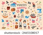 Cute Pirate elements collection. Cartoon sea adventures items set. Vector illustration.