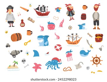 Cute Pirate elements collection. Cartoon sea adventures items set. Vector illustration.