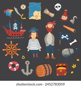 Cute Pirate elements collection. Cartoon sea adventures items set. Vector illustration.