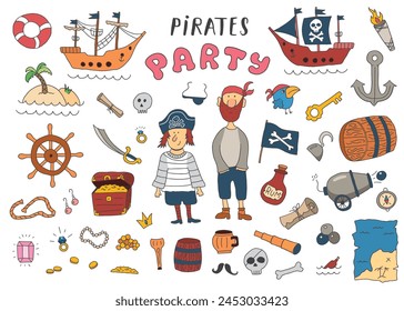 Cute Pirate elements collection. Cartoon sea adventures items set. Vector illustration.