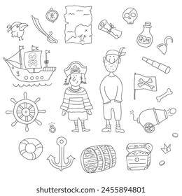 Cute Pirate elements collection. Cartoon sea adventures items set. Vector illustration.