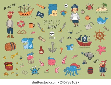 Cute Pirate elements collection. Cartoon sea adventures items set. Vector illustration.