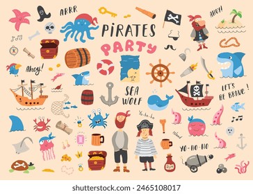 Cute Pirate elements collection. Cartoon sea adventures items set. Vector illustration.