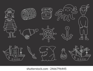 Cute Pirate elements collection. Cartoon sea adventures items set. Vector illustration.