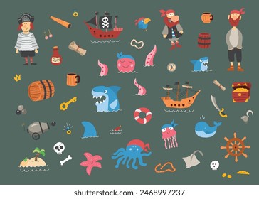 Nette Piraten Elemente Kollektion. Cartoon Meer Abenteuer Gegenstände gesetzt. Vektorillustration.