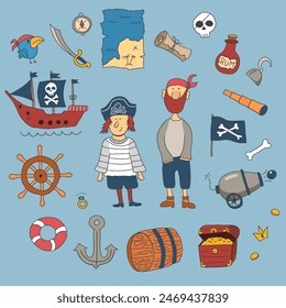 Cute Pirate elements collection. Cartoon sea adventures items set. Vector illustration.